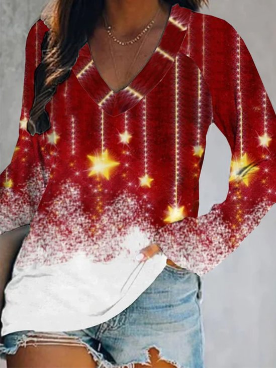 Christmas Xmas Star Long Sleeve V Neck Printed Tops T-shirts