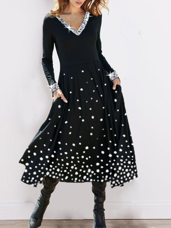 Women Polka Dots Casual Spring V neck Glitter Lightweight Micro-Elasticity Daily Fit Dress