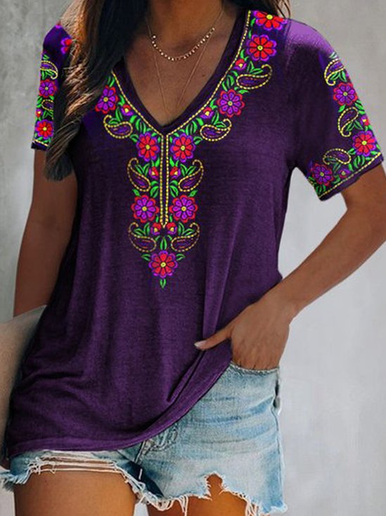 V Neck Cotton-Blend Boho Loose T-shirt