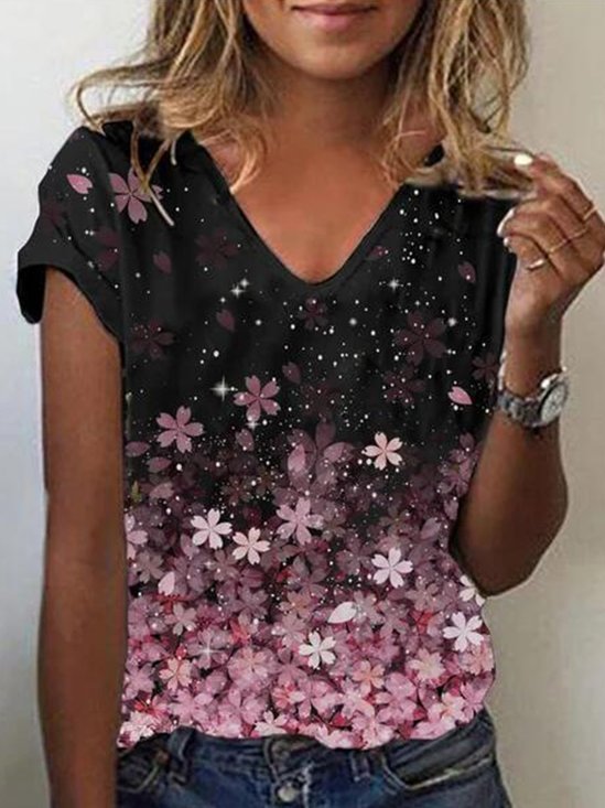 Fit Floral Casual V Neck T-shirt