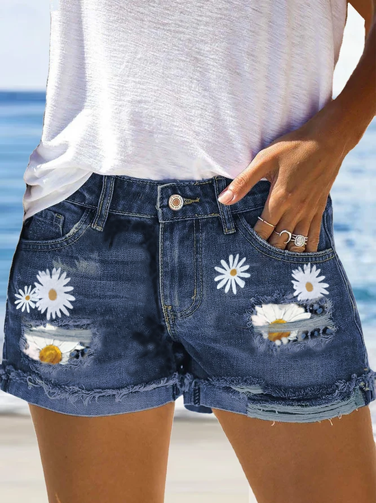 Floral Denim Casual Denim Shorts
