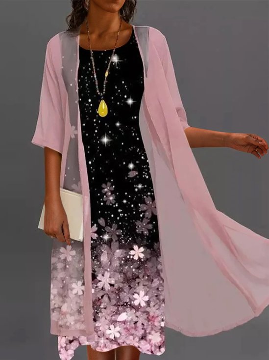Crew Neck Floral Casual Cotton-Blend Midi