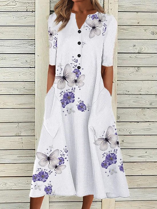 Half Sleeve Casual Loose V Neck Midi