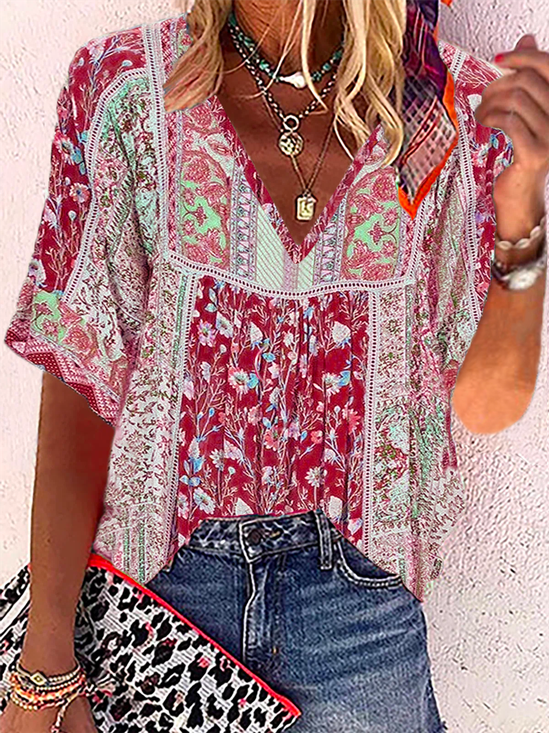 Half Sleeve Floral Polyester Fibre Loose V Neck Blouses