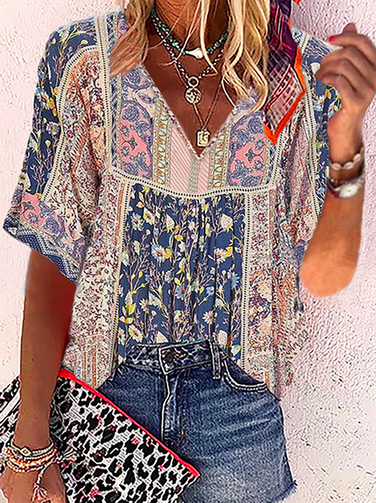 Printed Polyester Fibre Boho V Neck T-shirt