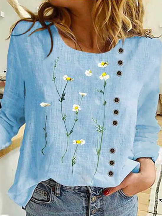 Boho Crew Neck Cotton-Blend Blouses