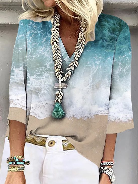 Polyester Fibre Loose Sea V Neck Blouses
