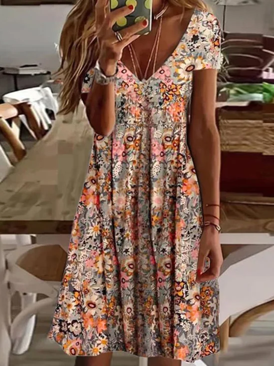 Floral V Neck Jersey Casual Shorts
