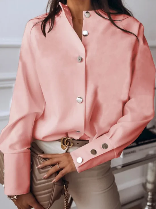 Plain Stand Collar Fit Off Shoulder Sleeve Blouses