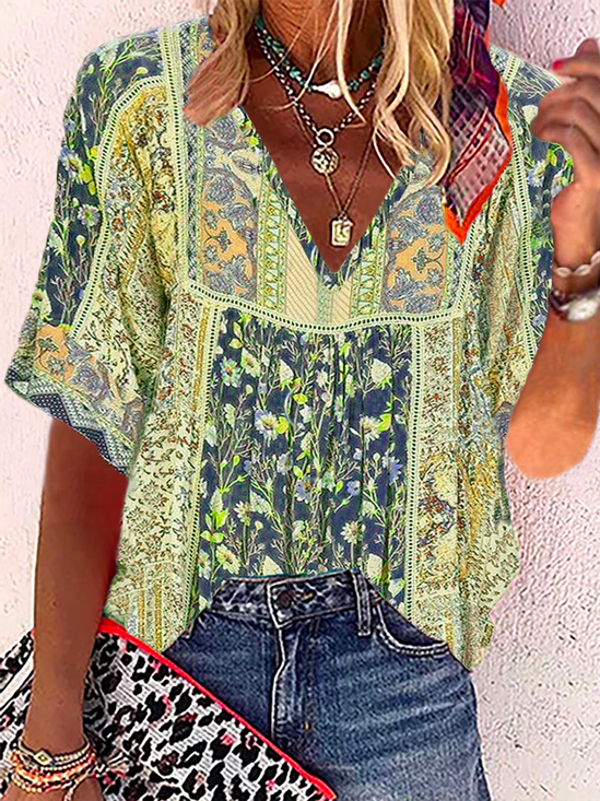 V Neck Floral Loose Cotton-Blend Sweet Blouses