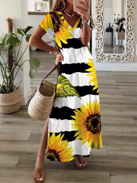 Loose Jersey V Neck Casual Maxi