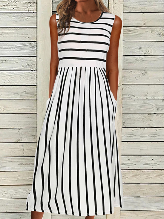 Jersey Casual Striped Crew Neck Midi