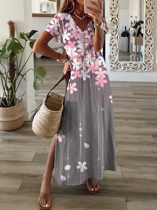 Casual Loose V Neck Floral Maxi
