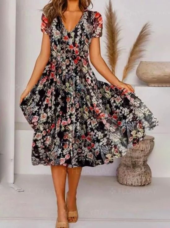 Jersey Floral Loose V Neck Midi