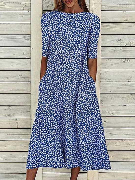 Loose Polyester Fibre Crew Neck Floral Midi