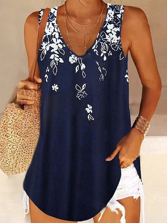 Fit V Neck Floral Casual Tank & Cami