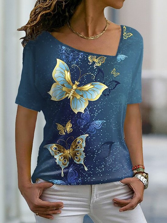 V Neck Butterfly Casual Jersey T-shirt