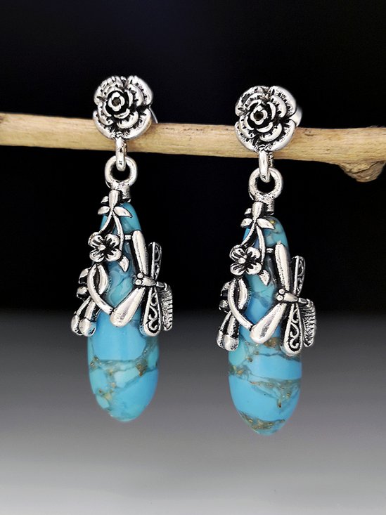 Vintage Casual Turquoise Floral Dragonfly Earrings
