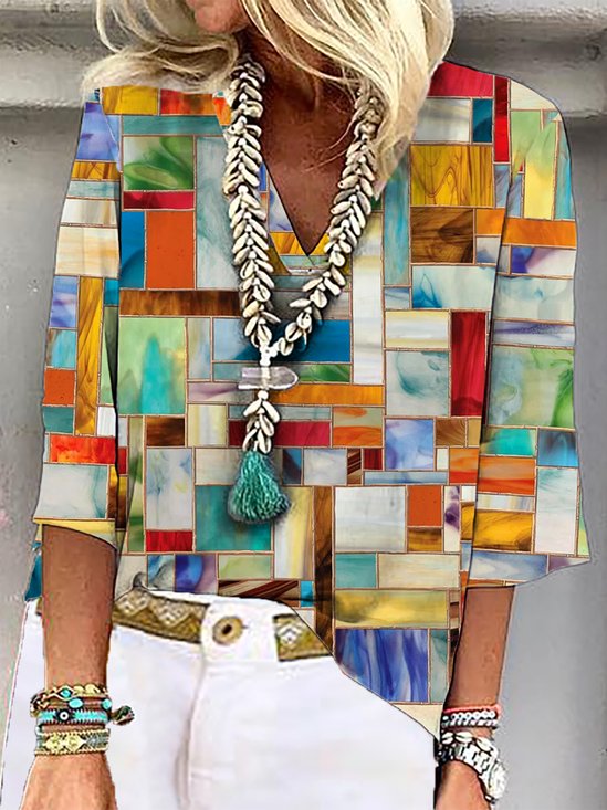 Casual V Neck Geometric Top