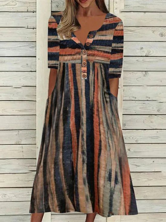Striped Casual Autumn Buttoned Loose Polyester fibre Half sleeve Crew Neck T-Shirt Dress Dress for Women