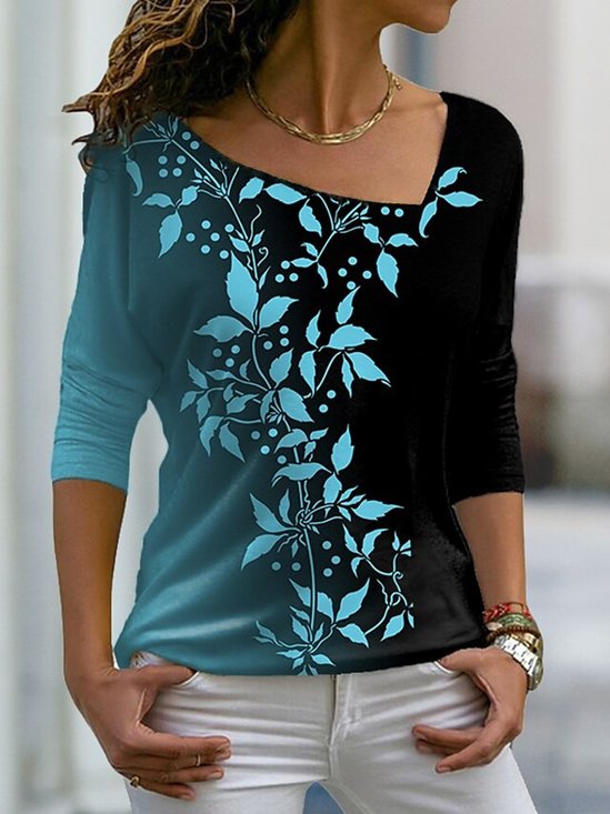 Women Casual Leaf Autumn V neck Lightweight Micro-Elasticity Jersey Best Sell Long sleeve T-shirt