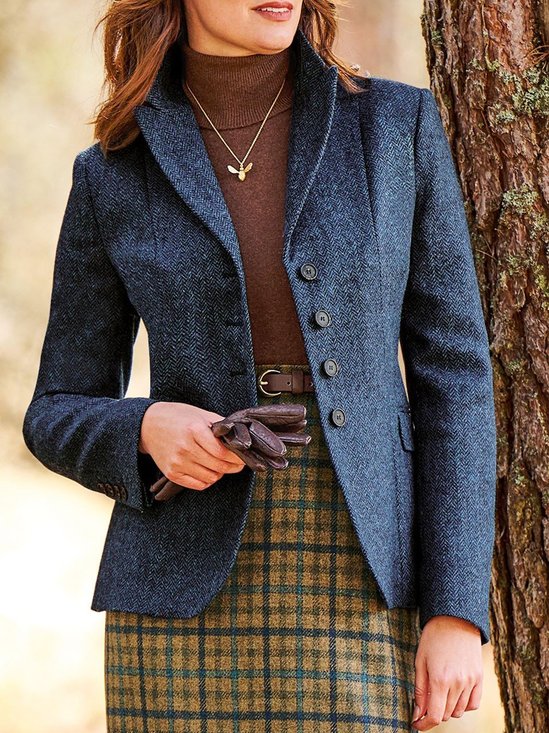 Casual Plain Autumn Polyester Buttoned Natural Lapel Collar Regular Regular Size Blazer for Women
