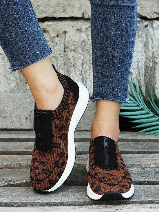 Leopard Print Plain Zip Panel Comfortable Flyknit Sneakers