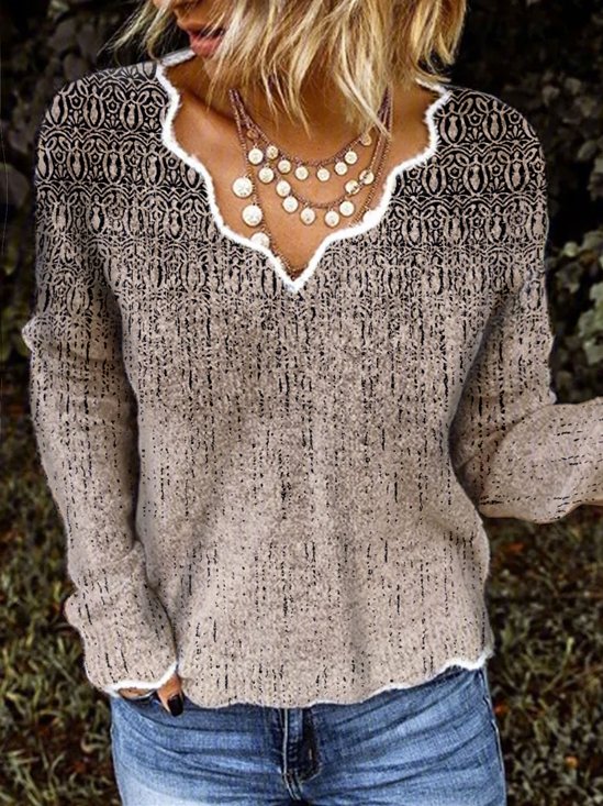Casual Ethnic V Neck Texture Color-block Wool/Knitting Jumper