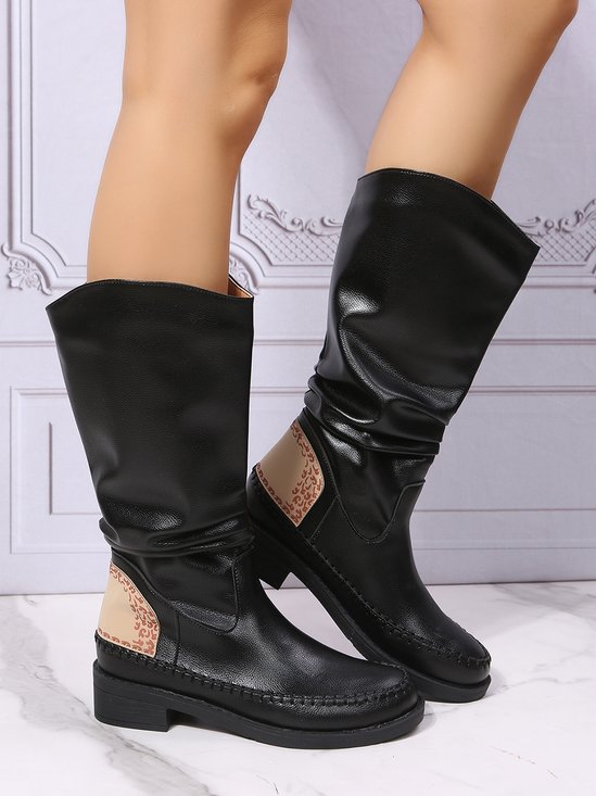 Crinkled Leopard Panel Casual Leather Cowboy Boots