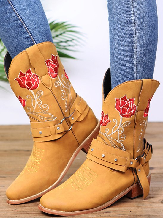 Vintage Floral Embroidered Sleeve Pointed Toe Chunky Heel Cowboy Boots