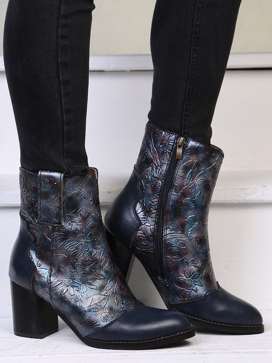 Vintage Distressed Floral Embossed Chunky Heel Boots