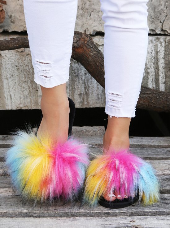 Iridescent Multicolor Faux Fur Furry Slippers