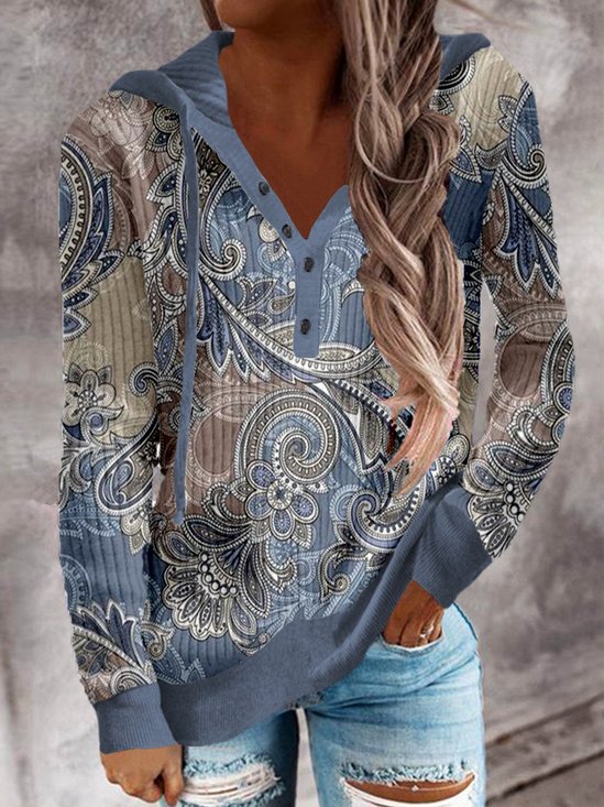 Paisley Long Sleeve Buttoned Hoodie Casual Sweatshirt