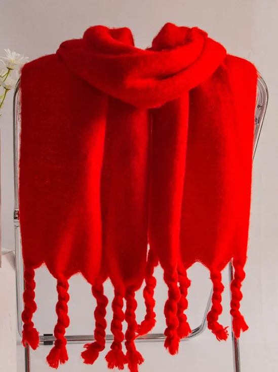 Solid Color Wool Knitted Twisted Fringe Thick Braided Scarf