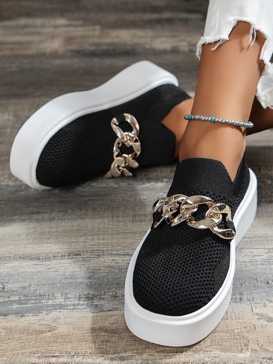 Hollow Breathable Flyknit Solid Color Metal Chain Round Toe Platform Shoes