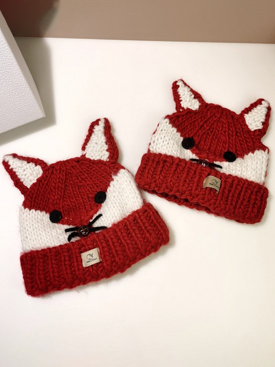 Casual Knitted Fox Animal Hat Adult Kids Family Holiday Party Matching Decorations