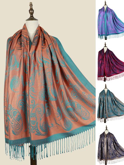 Ethnic Vintage Paisley Cashew Embroidered Long Scarf Contrast Shawl