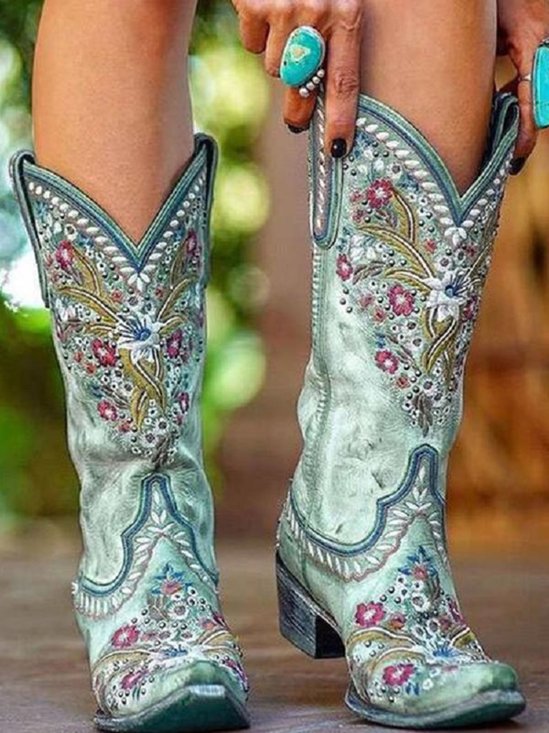 Vintage Ethnic Floral Embroidered Chunky Heel High Boots