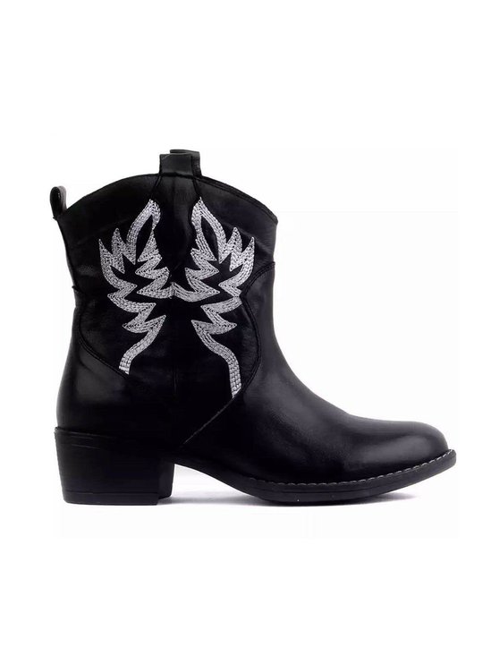 Vintage Embroidered Round Toe Chunky Heel Booties