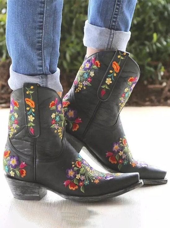 Women's Vintage Ethnic Floral Embroidered Pointed Toe Chunky Heel Low Boots