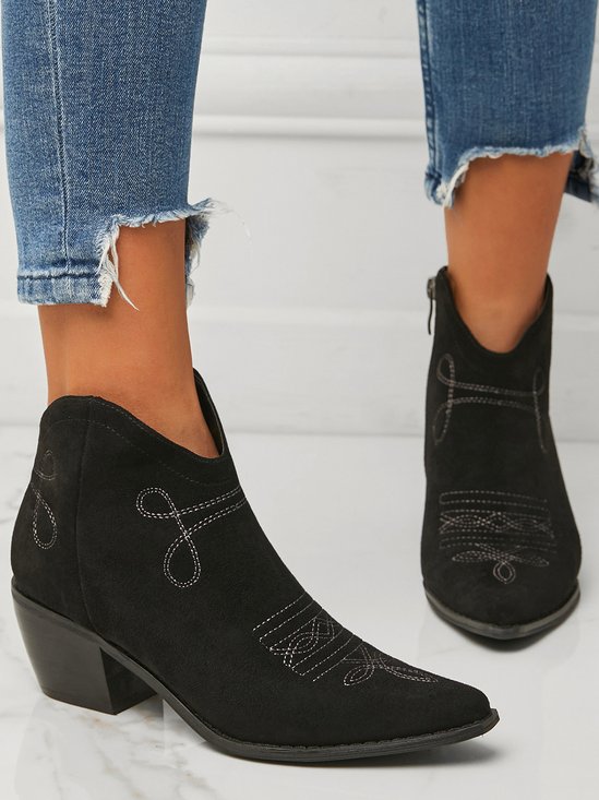 Soft Faux Suede Pointed Toe Chunky Heel Booties