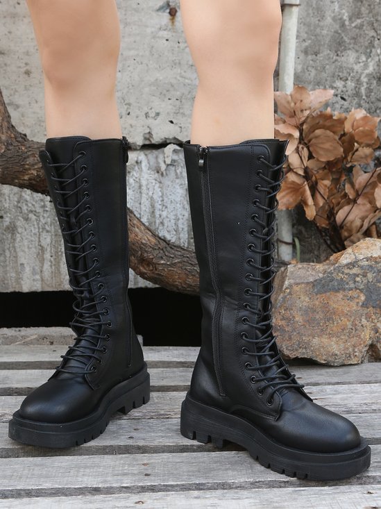 Lace-Up Platform Long Round Toe Rider Boots