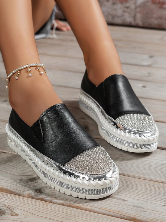 Rhinestone Toe Faux Leather Platform Loafers