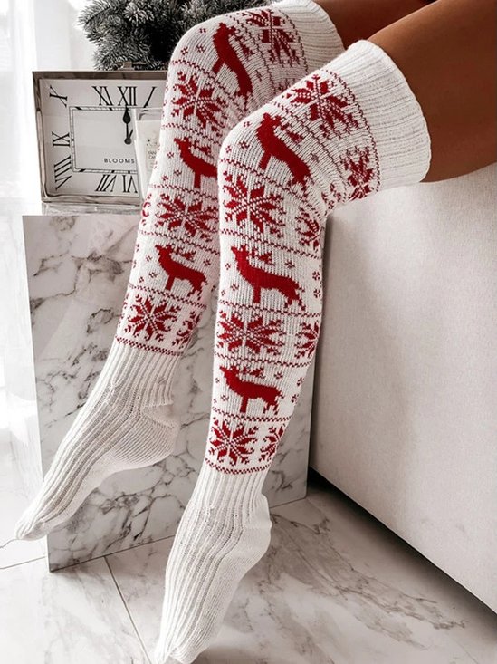 Christmas Elk Snowflake Old Man Pattern Woolen Stockings Over the Knee Socks Holiday Party Socks