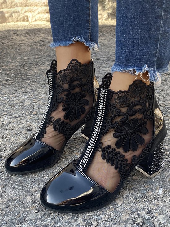 Lace Rhinestone Mesh Panel Crystal Chunky Heel Wedding Booties