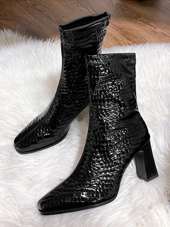 Patent Leather Block Heel High Heel Booties