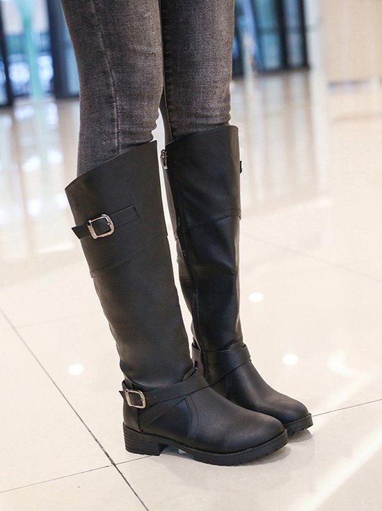 Buckle Zip Casual Straight Boots
