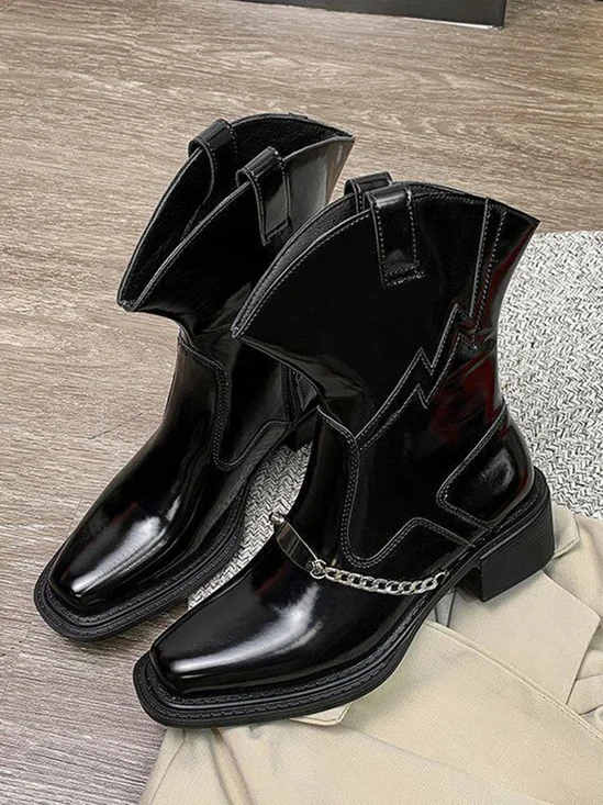 Denim Panel Fringed Western Cowboy Boots with Chain