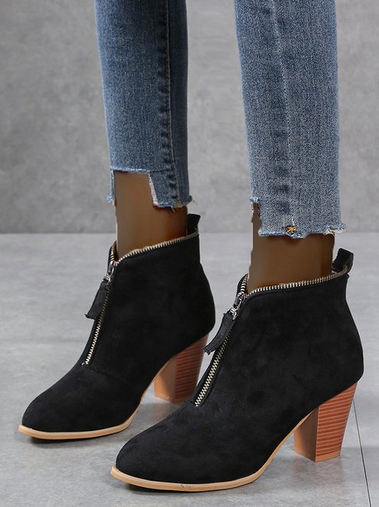 Leopard Print Plain Faux Leather Chunky Heel Boots