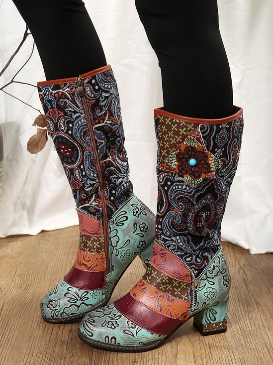 Vintage Ethnic Patchwork Floral Chunky Heel Boots